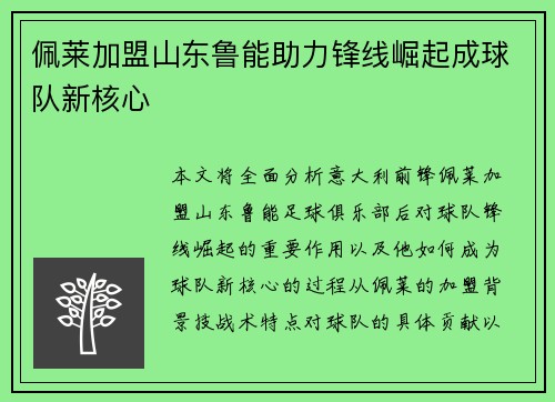 佩莱加盟山东鲁能助力锋线崛起成球队新核心