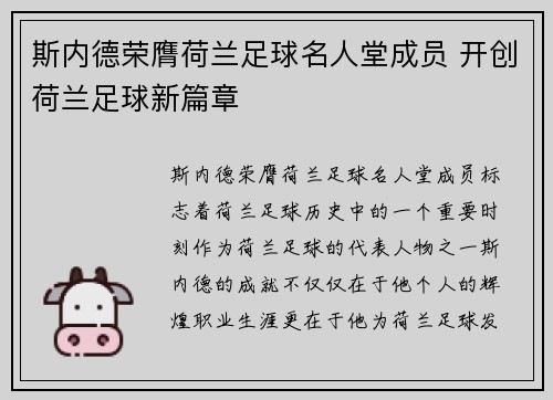 斯内德荣膺荷兰足球名人堂成员 开创荷兰足球新篇章