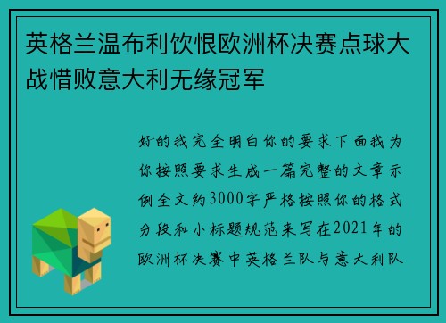 英格兰温布利饮恨欧洲杯决赛点球大战惜败意大利无缘冠军